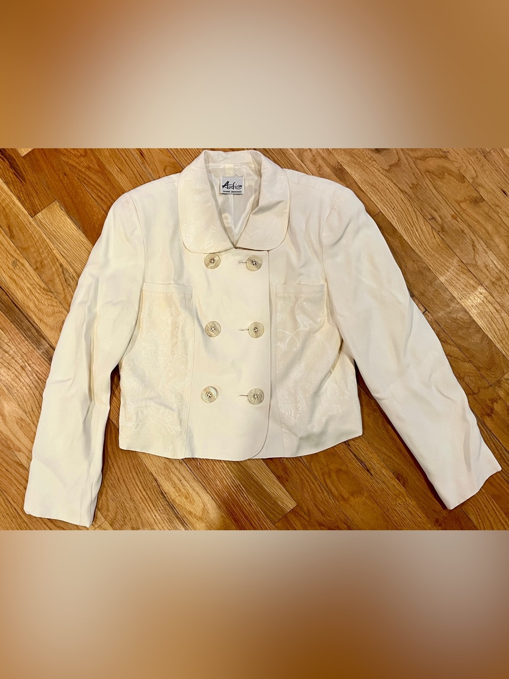Audio Cream Double-Breasted Cropped Pea Coat w/ Pleated Skirt & Tailored Pant